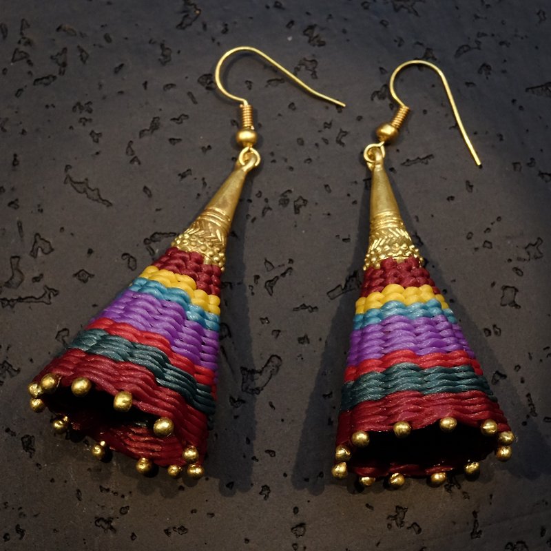 Brass cone dangling earrings  with exquisite weave wax cotton cord - 耳環/耳夾 - 銅/黃銅 多色
