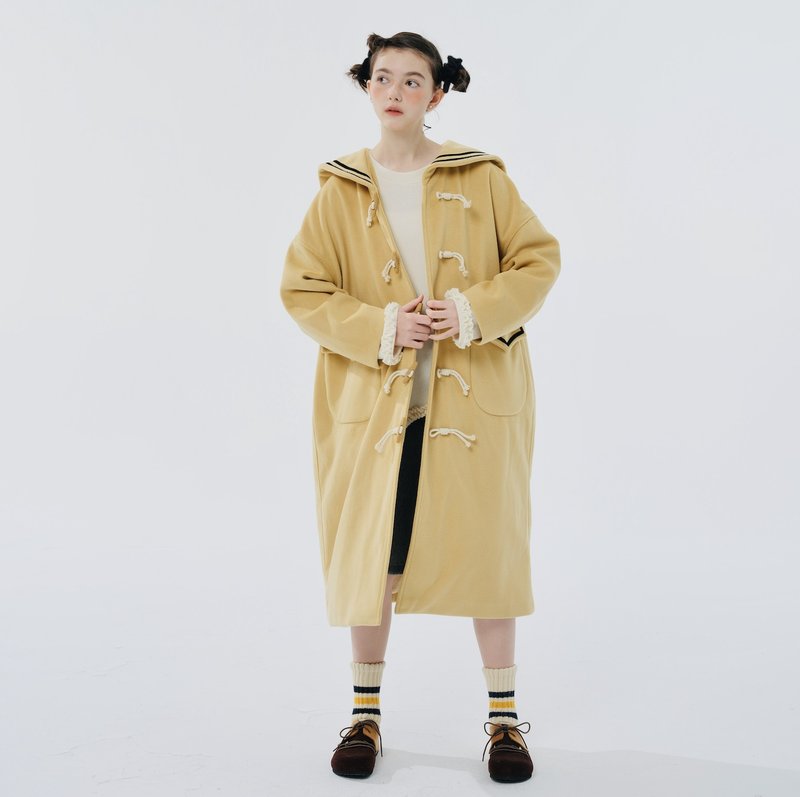 Navy collar yellow long fur coat/coat horn wood button - เสื้อแจ็คเก็ต - วัสดุอื่นๆ สีเหลือง