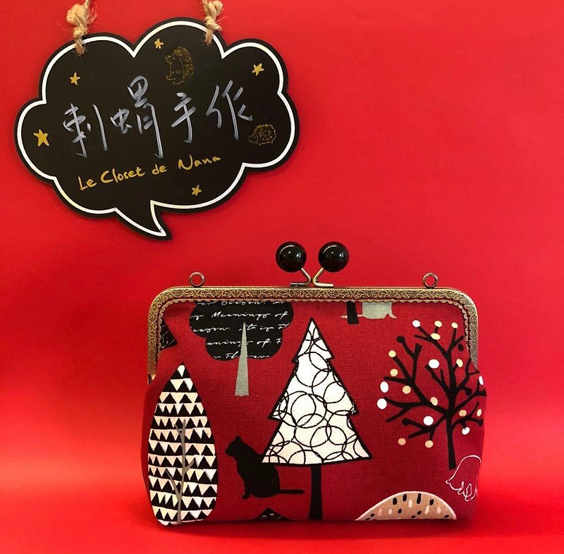 雪の木と猫の手縫い金袋・チェーンバッグ クリスマスプレゼント - ショルダーバッグ - コットン・麻 レッド