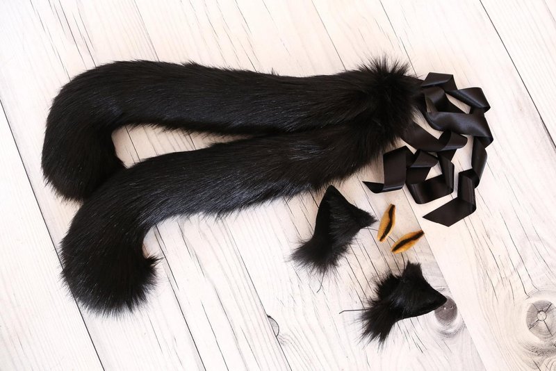 Kuro Ears and Tail Set - Hair Accessories - Other Man-Made Fibers Black