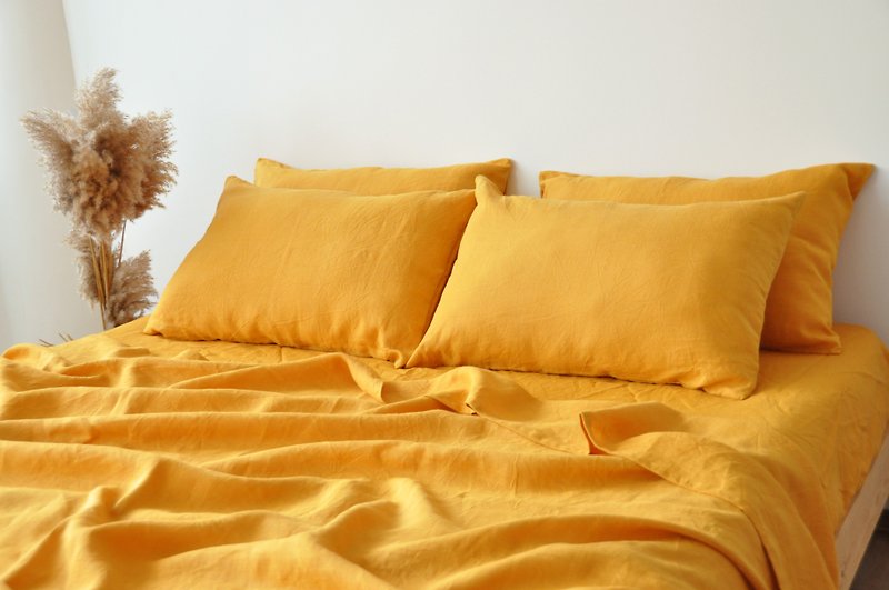 亞麻 寢具/床單/被套 黃色 - Turmeric linen sheet set / Flat+fitted sheet+2 pillowcases / Yellow bedding