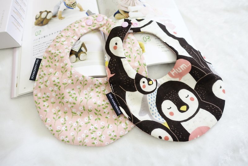 Penguin and flower two into handmade bib saliva towel - Bibs - Cotton & Hemp Pink
