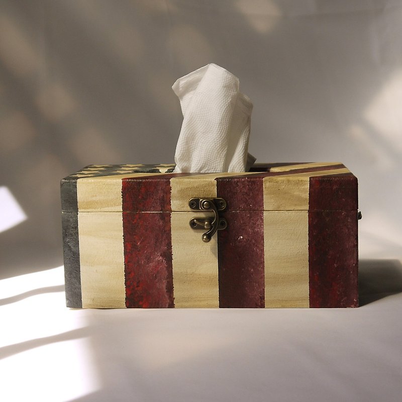Hand-painted American flag Tissue Box, industrial style paper box, toilet paper Tissue Box, hand-made storage pine wood - กล่องทิชชู่ - ไม้ สีแดง