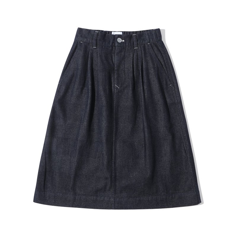 Incense Harbour Mixed Jacquard Texture Denim Army Skirt - กระโปรง - ผ้าฝ้าย/ผ้าลินิน สีน้ำเงิน