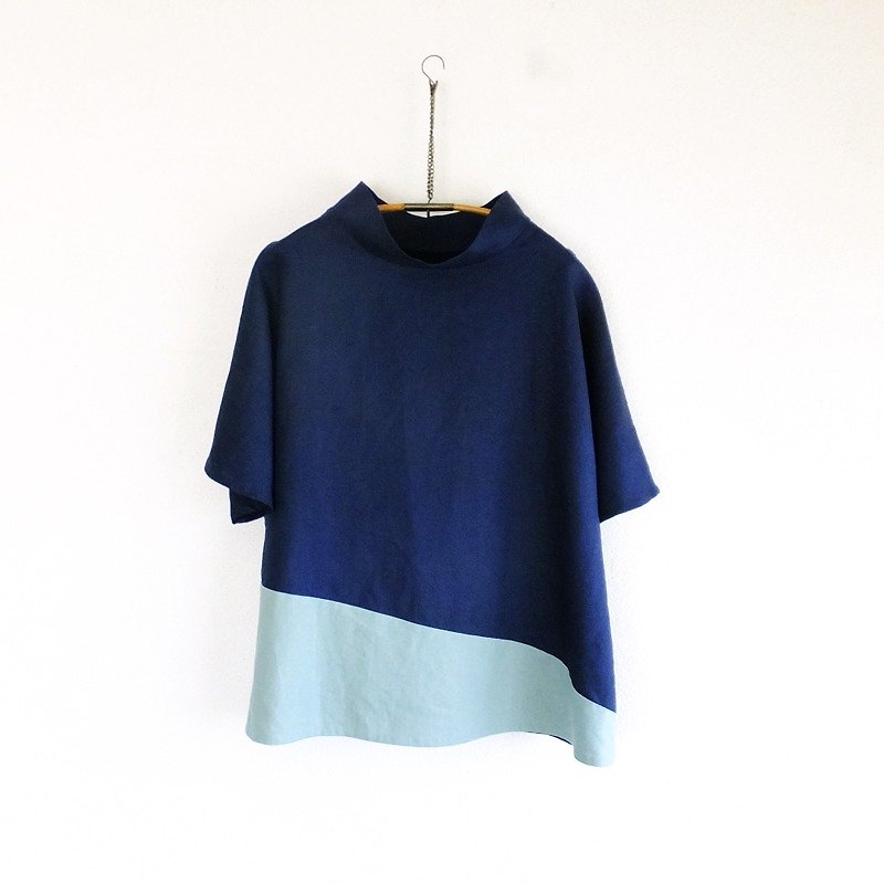 Linen 2 color pullover navy - Women's Tops - Cotton & Hemp Blue