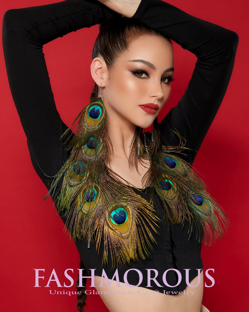 Peacock Feather Earrings, Statement Earrings Boho, Bohemian Statement Earrings - 耳環/耳夾/耳骨夾 - 羽絨 綠色