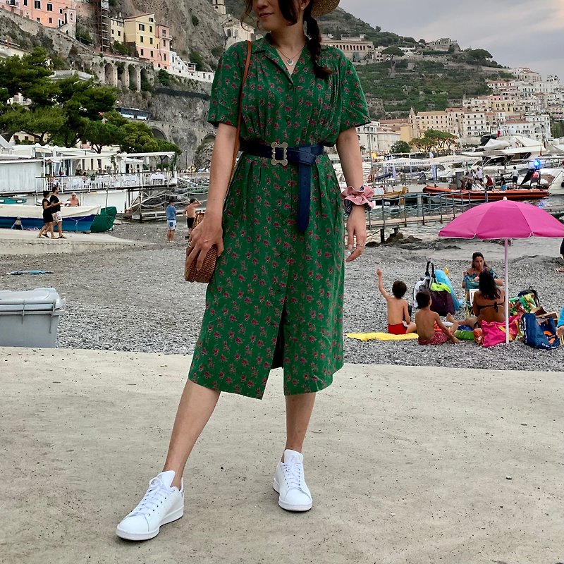 歐洲古著 義大利製 綠色碎花洋裝 - 連身裙 - 聚酯纖維 綠色