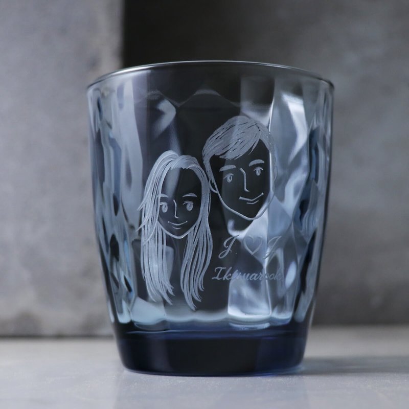 390cc [Customized Couple Cup] (Simple Version) 2 Person Portrait Mug Blue Diamond Cup - Cups - Glass Blue