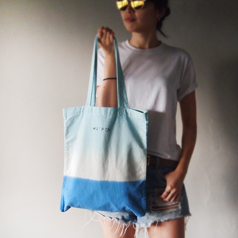 Ma'pin Summer Dyed Blue X Water Blue / Short Belt Cotton Canvas Dyed Tote Bag - Messenger Bags & Sling Bags - Cotton & Hemp Blue