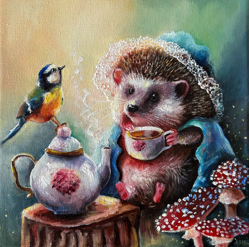Original canvas painting Hedgehog and Bird, Hedgehog wall art, Teatime Fairy art - 壁貼/牆壁裝飾 - 棉．麻 多色