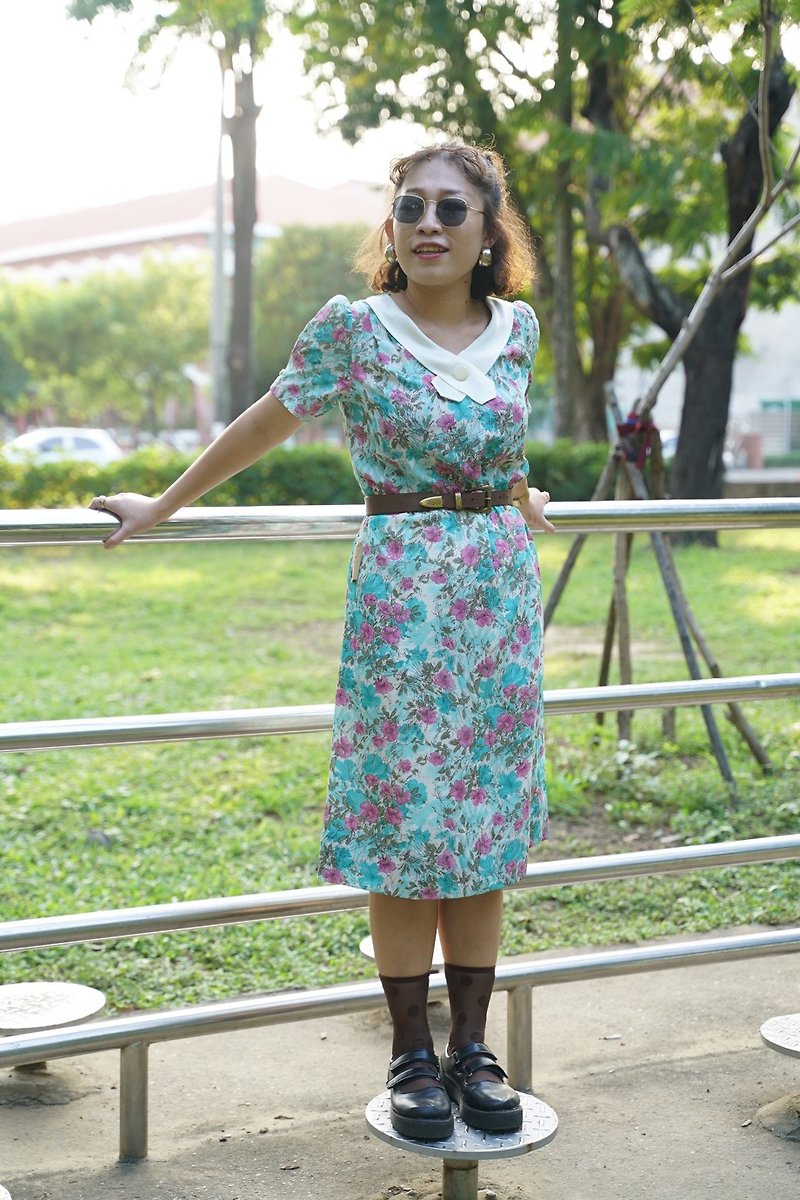Vintage vintage cross collar rose blue dress antique foreign | Chunqing Department Store - One Piece Dresses - Polyester Blue