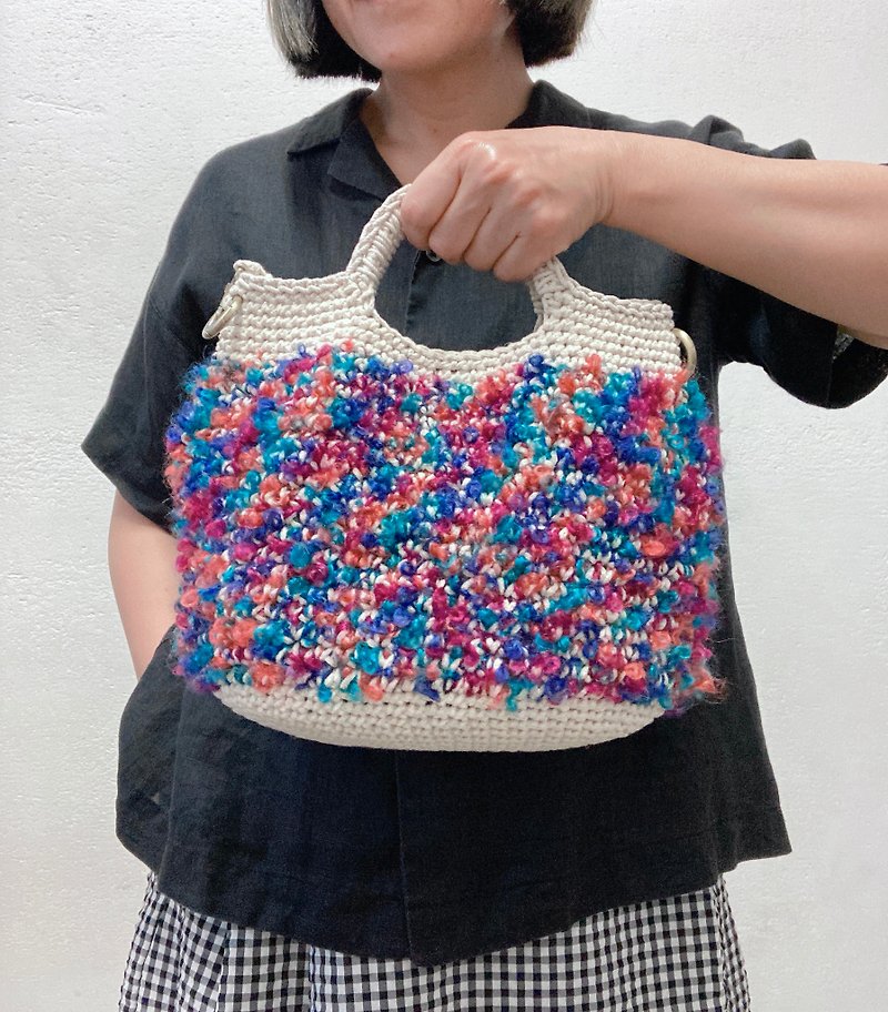 Colorful yarn blend 2-way tote bag side backpack - Messenger Bags & Sling Bags - Cotton & Hemp Multicolor