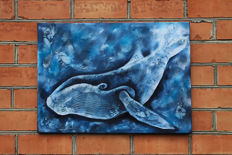 Whale Painting Fish Original Art Underwater Wall Art Maritime Artwork 50 by 70cm - โปสเตอร์ - วัสดุอื่นๆ สีน้ำเงิน