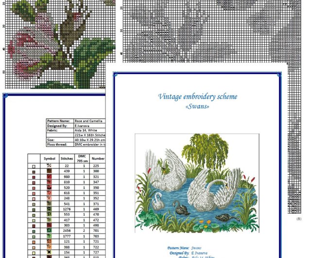 ヴィンテージクロスステッチスキーム白鳥-PDF刺繡スキーム - ショップ