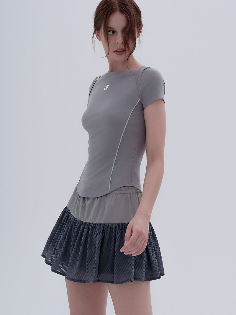 Light fog gray reflective striped elastic slim shoulder top ballet stitching boat neck T-shirt - ชุดกีฬาผู้หญิง - ไฟเบอร์อื่นๆ สีเทา