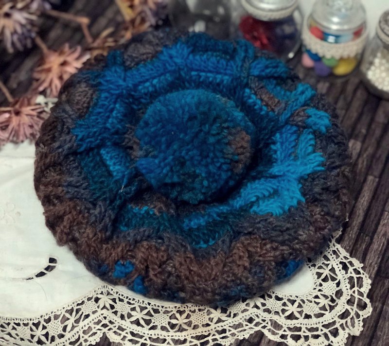 ChiChi Handmade-Hemp Flower Beret-Knitted Woolen Hat - หมวก - ขนแกะ สีน้ำเงิน