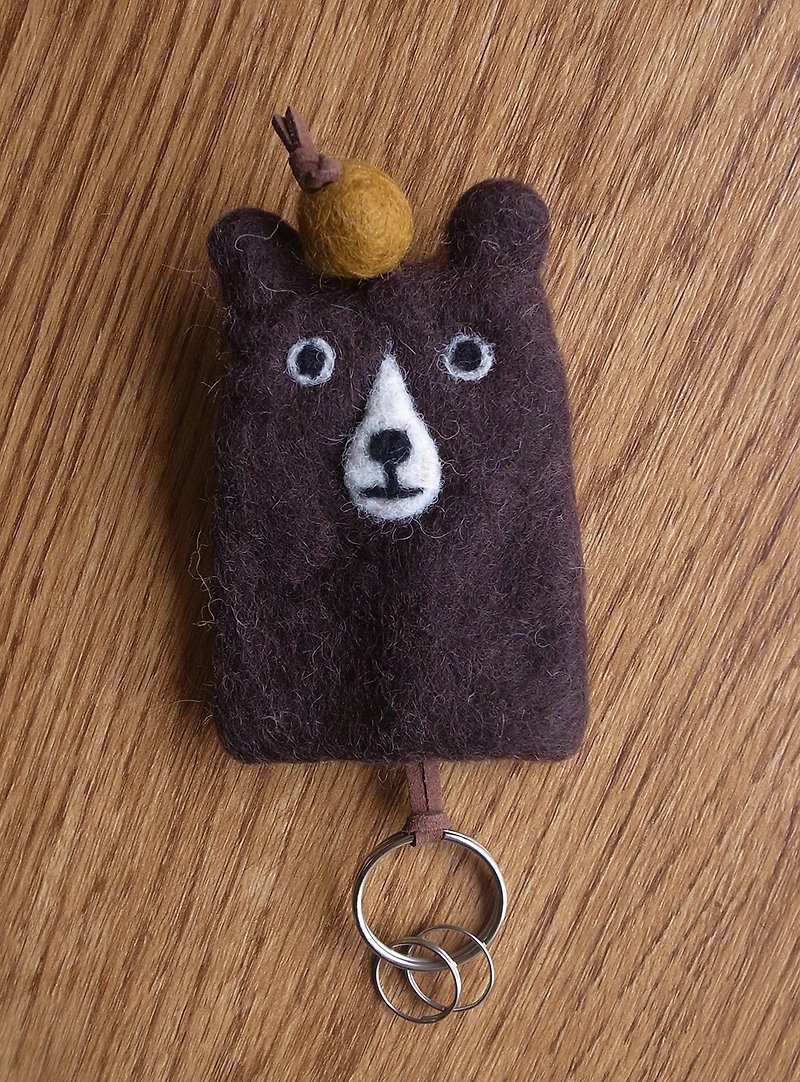 Felted Bear Key Bag, Key Case, Keychain, Keyring,  String Pouch - Keychains - Wool Brown