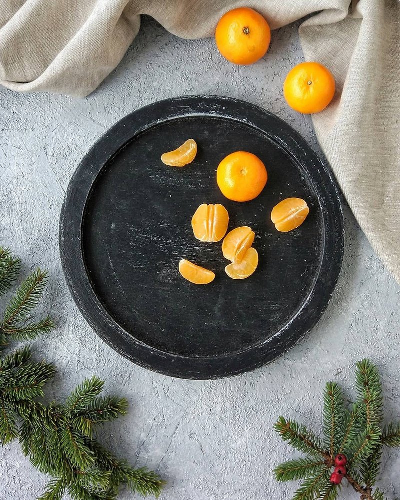 Round wood tray for tea, coffee, snacks, breakfast. Food photography props