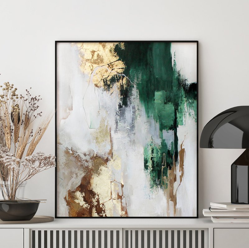Green White and Gold Abstract Painting on Canvas Wall art acrylic Emerald flux 3 - 壁貼/牆壁裝飾 - 棉．麻 綠色