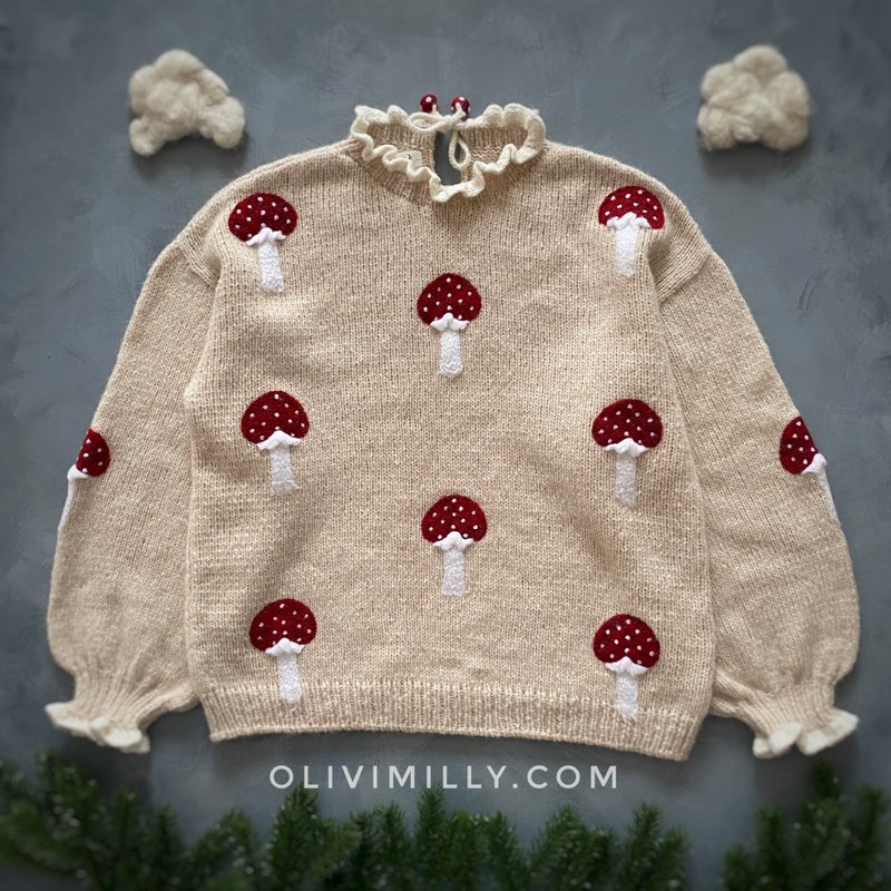 Mushrooms Adult pullover, hand knitted pullover with embrodery - สเวตเตอร์ผู้หญิง - ขนแกะ สีทอง