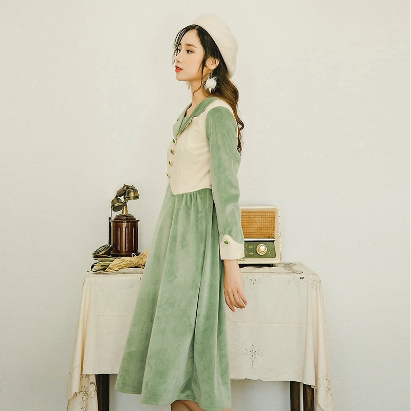 [Autumn new] Anne Chen 2019 French velvet dress waist temperament was thin long sleeve skirt 9658 - ชุดเดรส - วัสดุอื่นๆ 