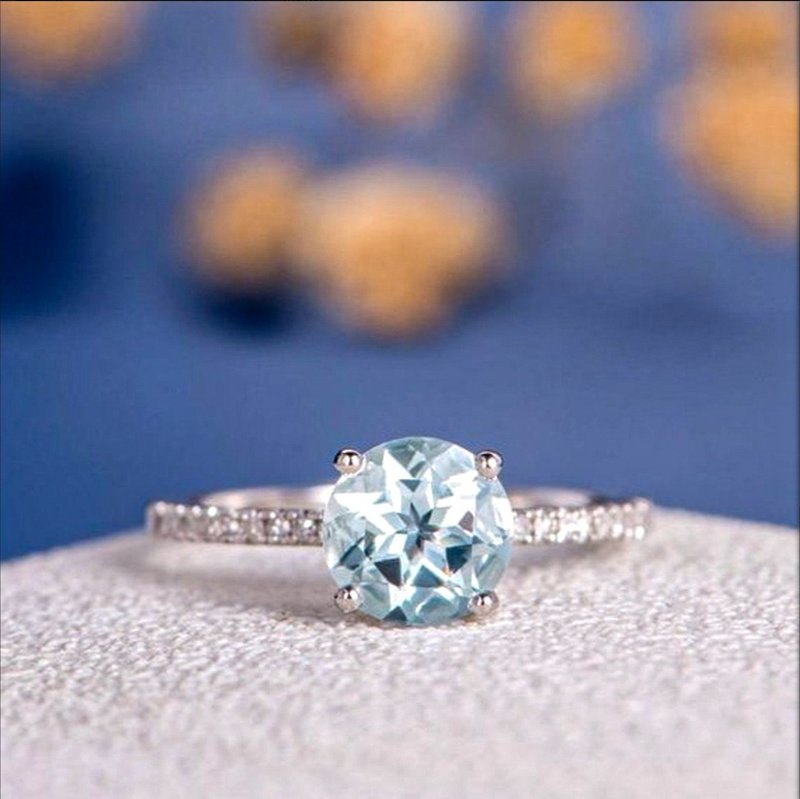 Diamond Aquamarine Ring, Round Aquamarine Ring, Ring, Gift For Her - 戒指 - 純銀 多色