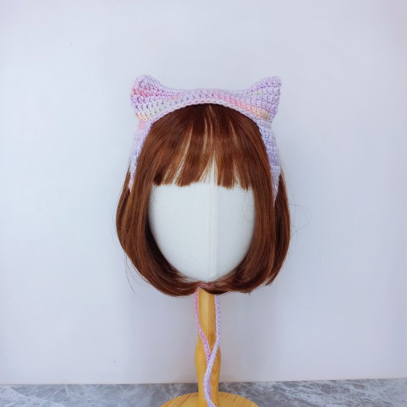 パステルデビルにゃんこ耳結び紐ヘアバンド - ヘアバンド．カチューシャ - コットン・麻 ピンク