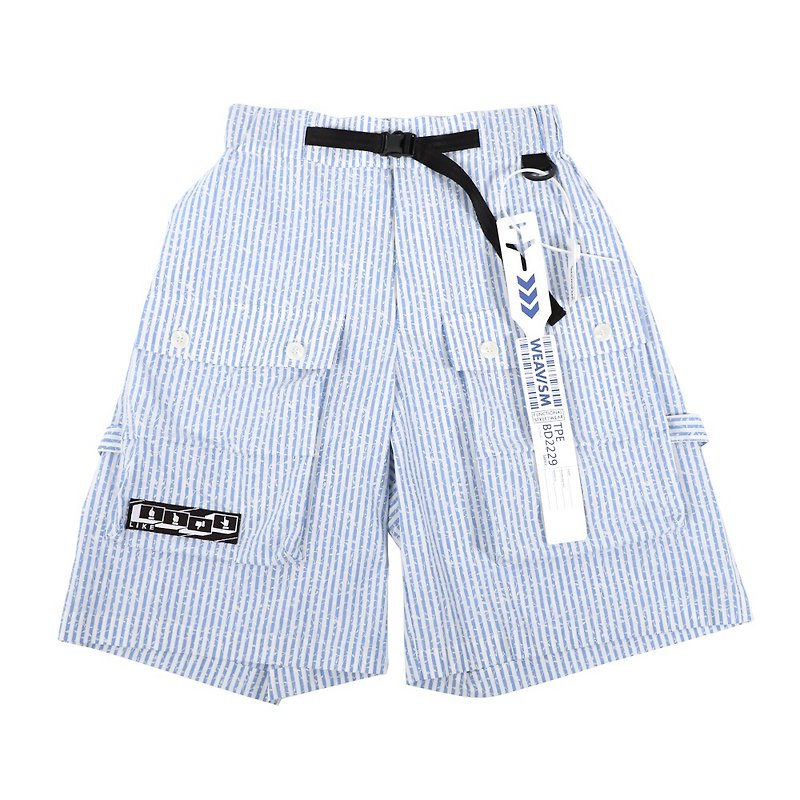 Cubex three-dimensional pocket button shorts (blue and white strips) - กางเกงขายาว - ผ้าฝ้าย/ผ้าลินิน สีน้ำเงิน