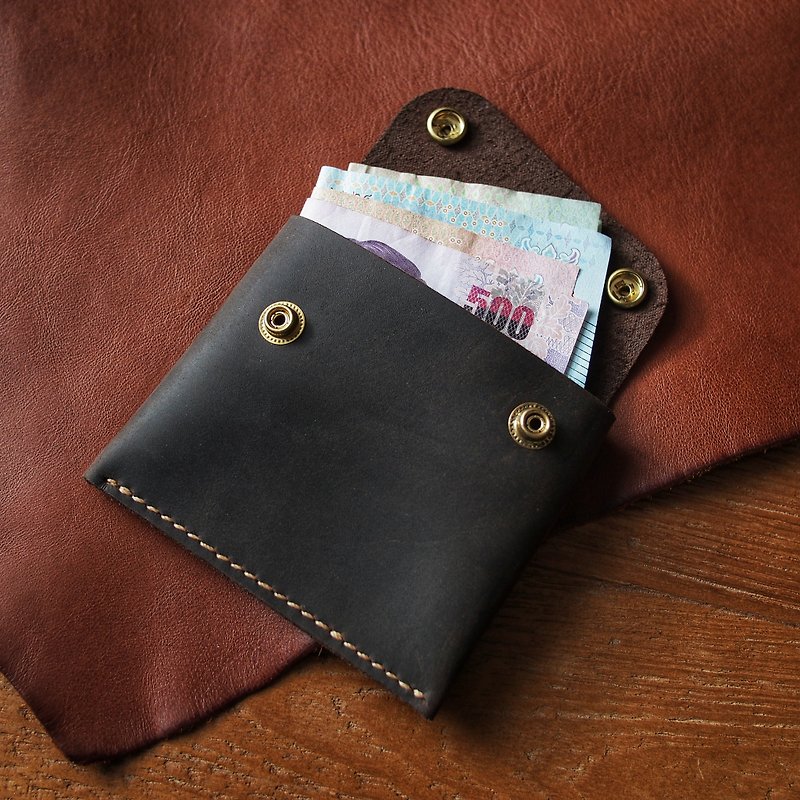 Handmade mini wallet and card slot with crazy horse leather (brown black) - Wallets - Genuine Leather Black