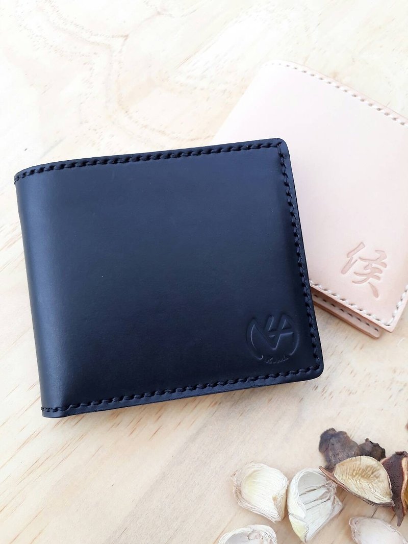 Short clip (can hold 10 cards) Double banknote layer (black/original color) │Vegetable tanned leather can be branded - กระเป๋าสตางค์ - หนังแท้ สีดำ