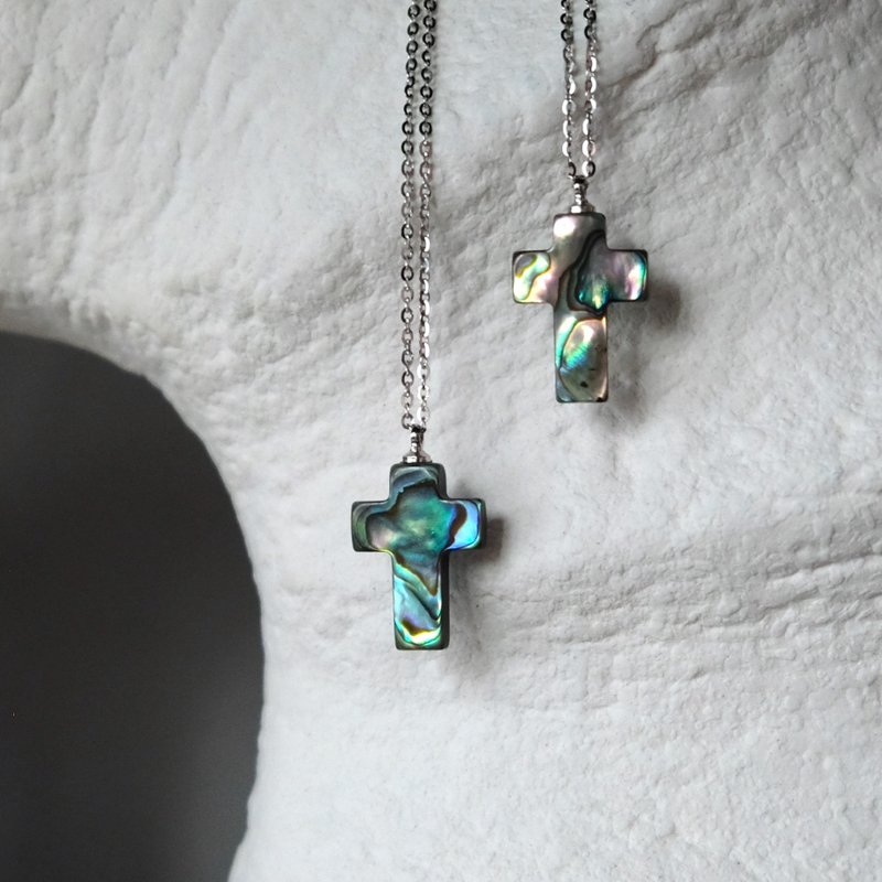 Dialogue with God Cross Northern Lights Abalone Shell Sterling Silver Necklace N168 - สร้อยติดคอ - เปลือกหอย สีเขียว