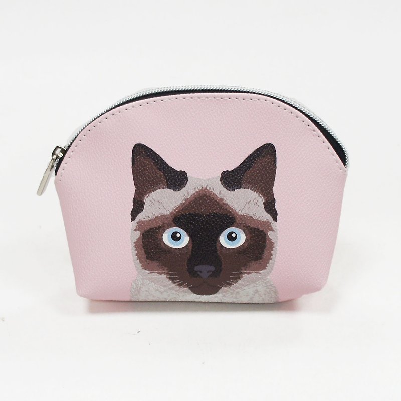 Siamese cat childlike shell zipper cosmetic bag/universal storage bag pink-Ai Shili - กระเป๋าเครื่องสำอาง - หนังเทียม สึชมพู