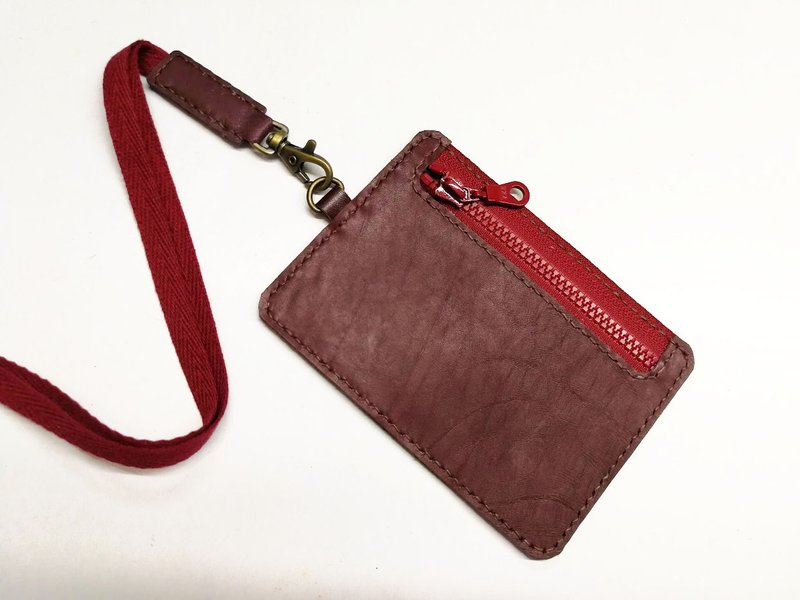 Leather Card Holder Two-color ID Holder Zipper Coin Purse Hand-Sewn KP01-005 (Unique Product) - ที่ใส่บัตรคล้องคอ - หนังแท้ 