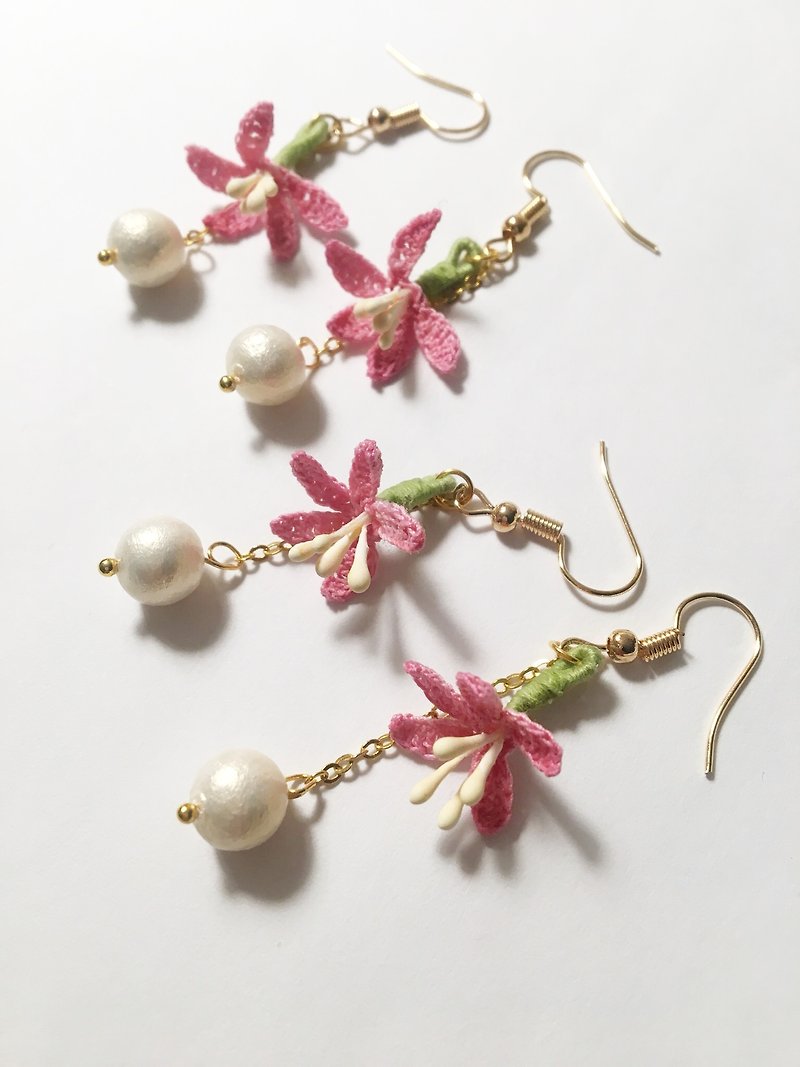 *My Fancy Handmade* crochet flower earring - Earrings & Clip-ons - Thread Pink