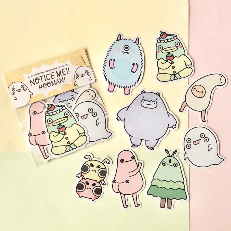 Notice ME! Hooman!! Sticker Pack | Set of 8 waterproof, monster stickers - Stickers - Paper Multicolor