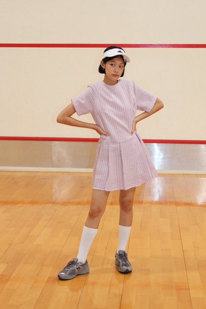 Highestjump flora dress (stripe grey-pink) - 洋裝/連身裙 - 棉．麻 粉紅色