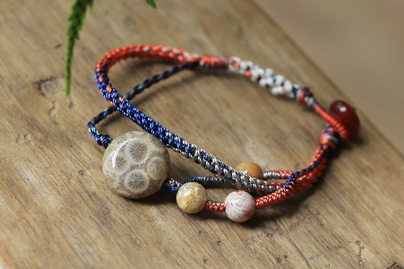 春秋原創 | 一物一圖 天然珊瑚玉 太陽花 | 全手工雙圈 幸運手繩 - 手鍊/手鐲 - 半寶石 