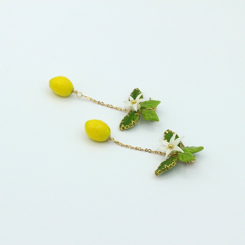 Pamycarie summer twig clay lemon plant earrings - Earrings & Clip-ons - Pottery Yellow