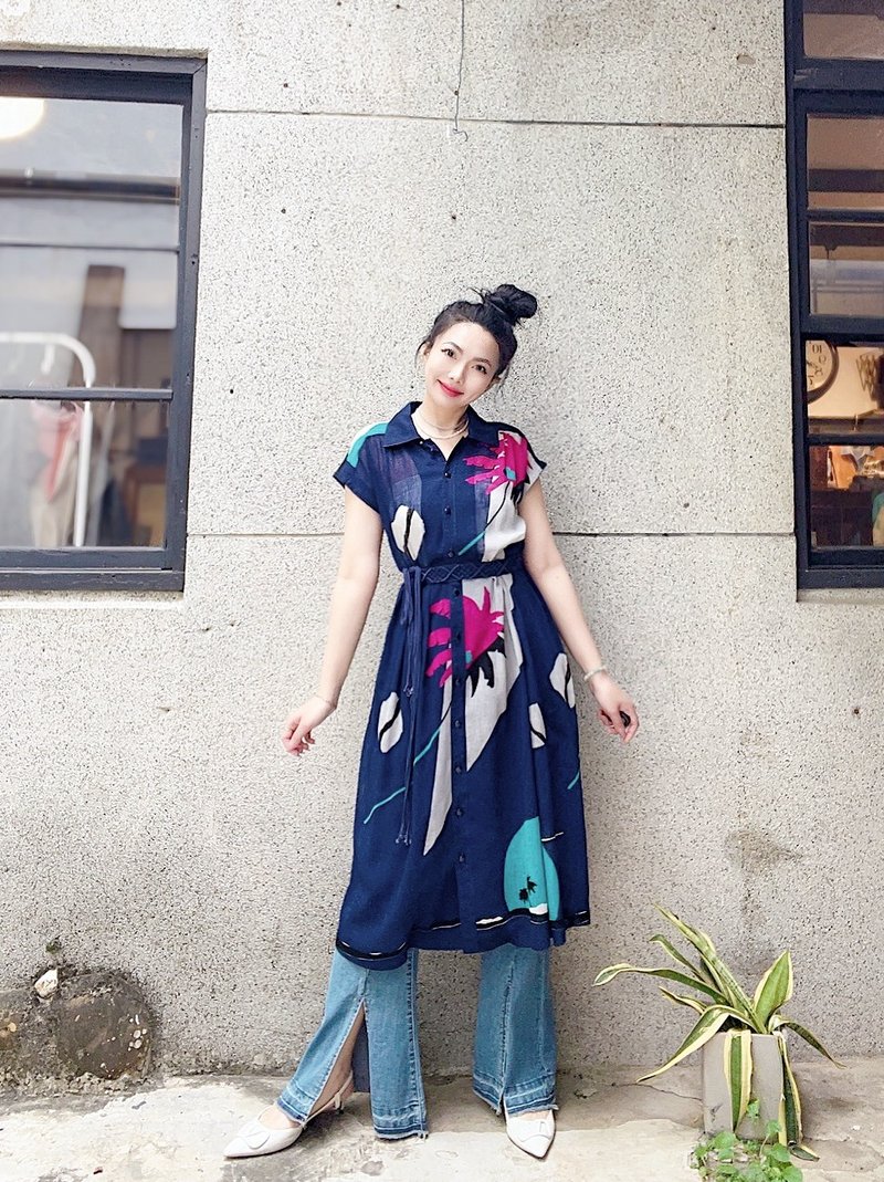 夏季深藍色滿花圖騰 可兩穿 長裙背心洋裝連身裙古著ドレスDress - 洋裝/連身裙 - 聚酯纖維 多色