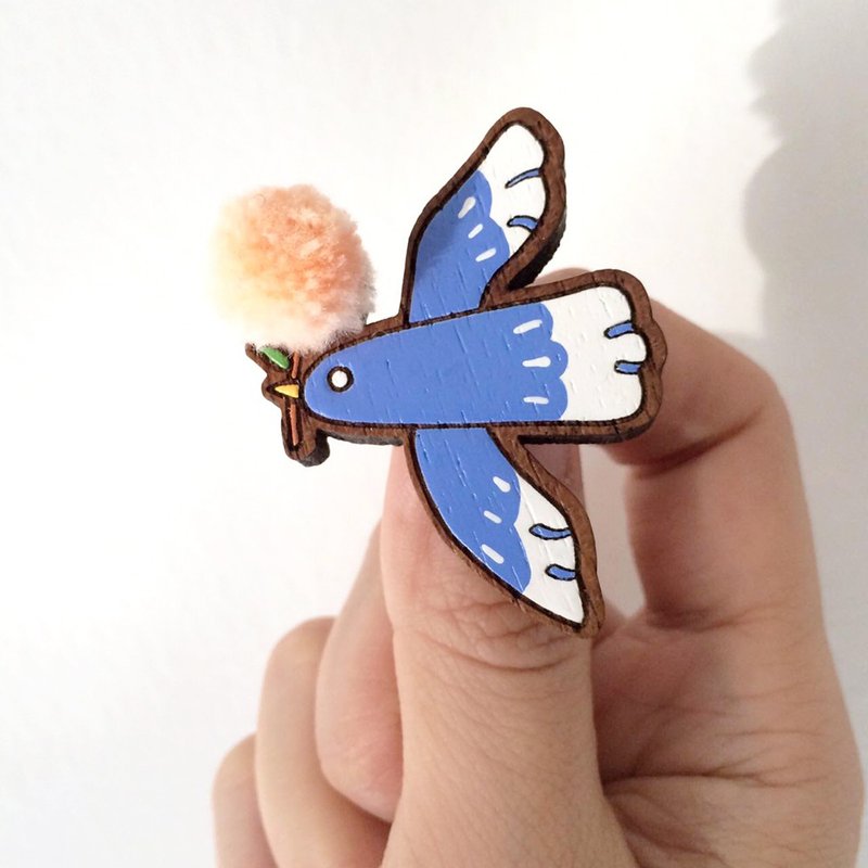 Wooden brooch flower bird - 胸針 - 木頭 藍色