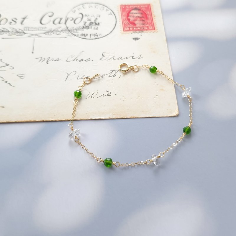 14k gold filled Herkimer diamond chrome diopside chain bracelet - สร้อยข้อมือ - เครื่องประดับพลอย สีเขียว