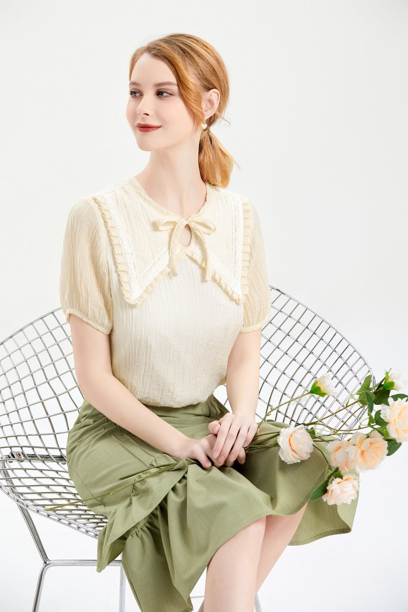 Round Neck Pressed Bow Lace Top | Beige | Lined - Women's Tops - Polyester White