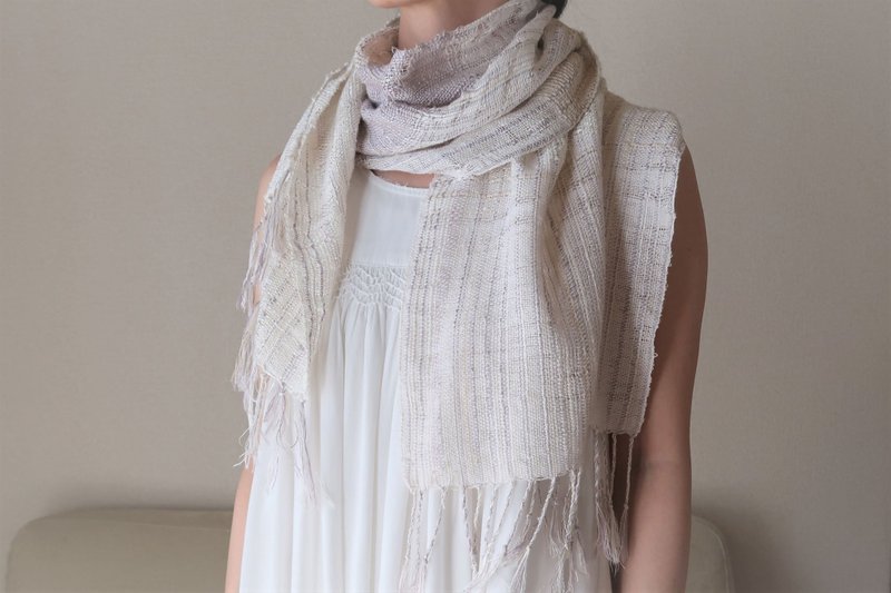 シルクコットンストール　White×White　Shawl (S) 18　【受注制作】　入學   畢業　母親節　禮物　生日禮物 - 絲巾 - 絲．絹 白色