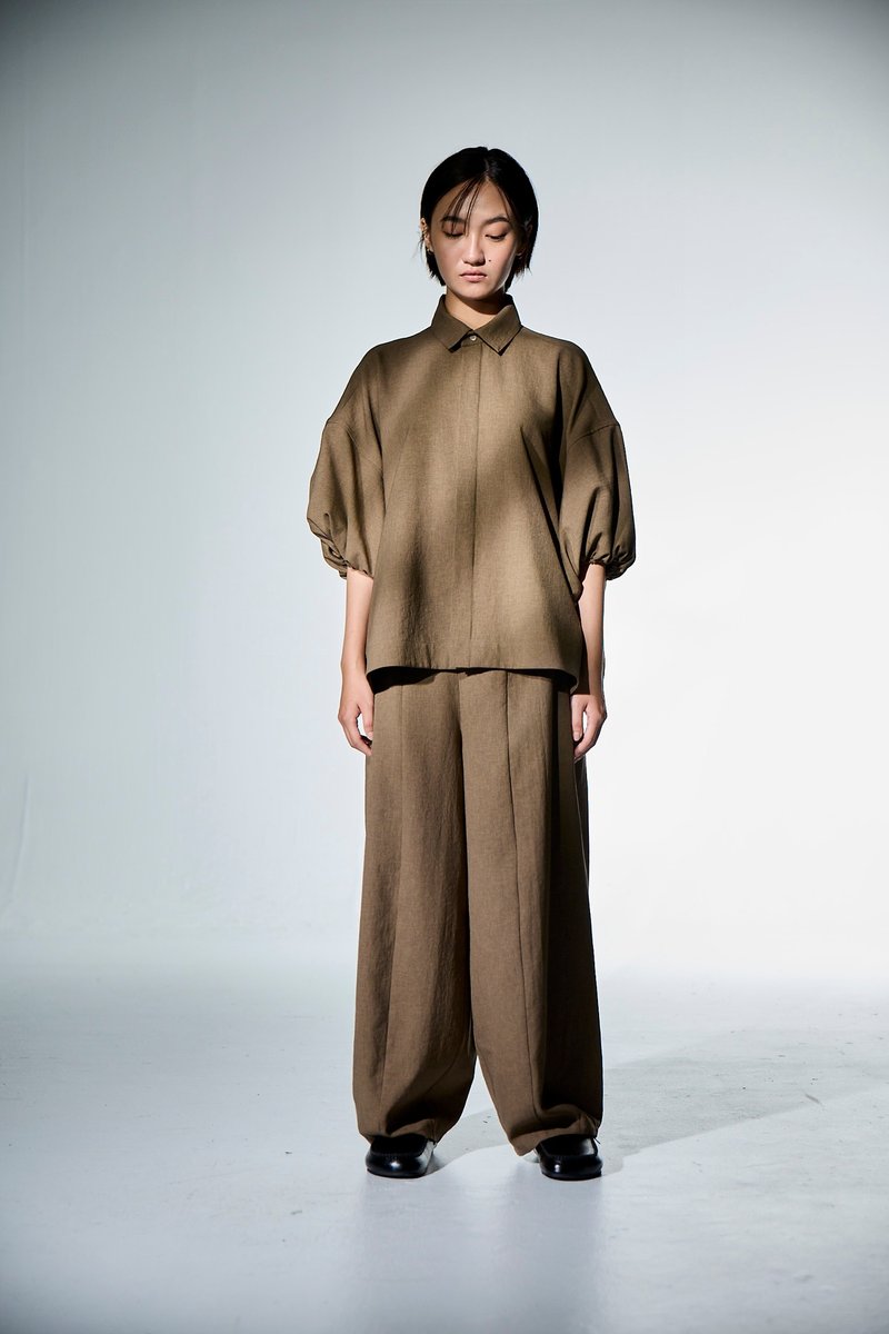 剪接縮口長褲 - 中性長褲/短褲 - 其他人造纖維 卡其色