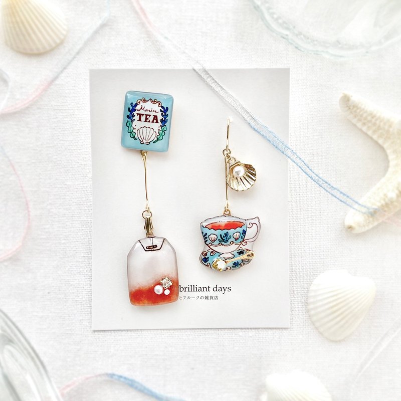 Teabag earring Marine　海のティーバッグイヤリング・ピアス - 耳環/耳夾/耳骨夾 - 塑膠 藍色