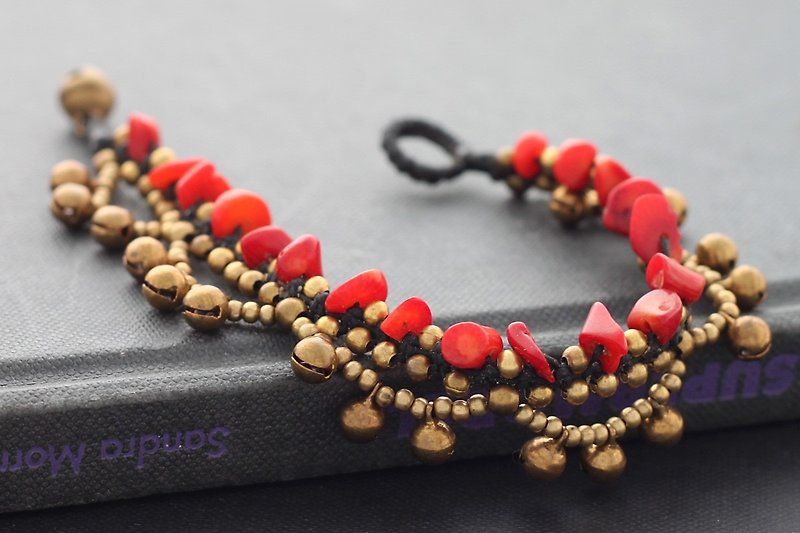 Red Stone Chandelier Raw Brass Bracelets Beaded Woven Braided Bracelets Gypsy  - สร้อยข้อมือ - หิน สีแดง