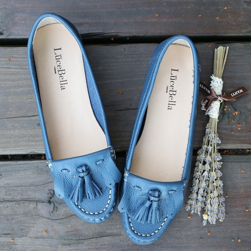 【First love】tassel flat shoes-light blue -handmad shoes - Women's Casual Shoes - Genuine Leather Blue