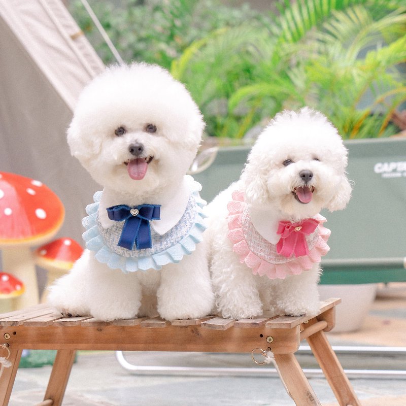 【寵物圍兜】小香風愛心情侶款－貓狗領巾 (粉藍色) - 寵物衣服 - 棉．麻 藍色