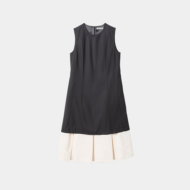 Slow tea mchastudios black wool blend stitching vest skirt fake two sleeveless dresses - ชุดเดรส - ขนแกะ สีดำ
