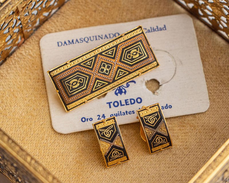 西班牙古董 大馬士革 24K金屬鑲嵌工藝 阿拉伯圖騰 別針耳夾套組 - 胸針/心口針 - 貴金屬 金色